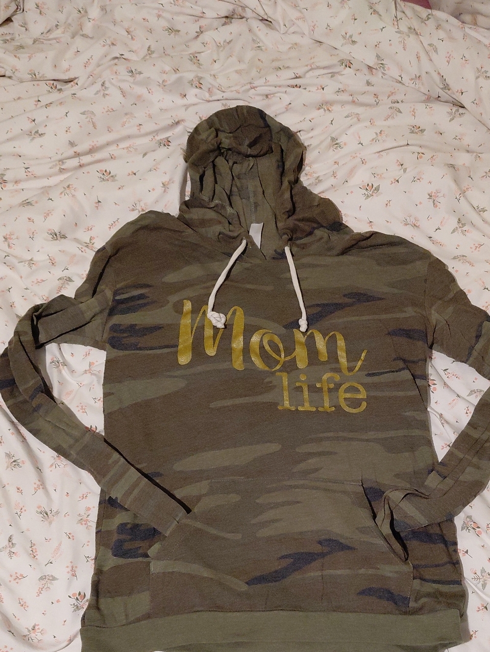 Alternative Olive Camo Hoodie with Gold 'Mom Life' Script